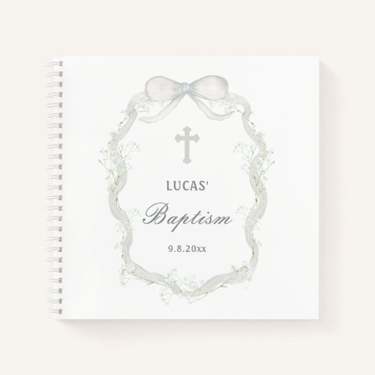 ホワイトリボンベビーズブレスバプティスゲストブック ノートブック (正面)