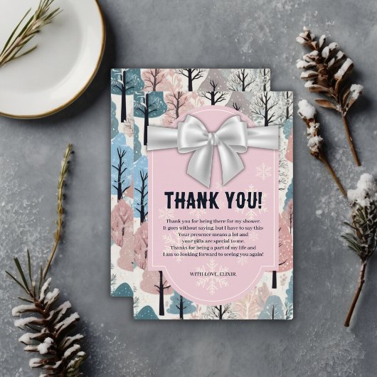 ホワイトリボン冬の森の雪の結晶ベビーシャワー サンキューカード