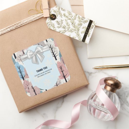 ホワイトリボン冬の森の雪の結晶ベビーシャワー スクエアシール (ギフト)