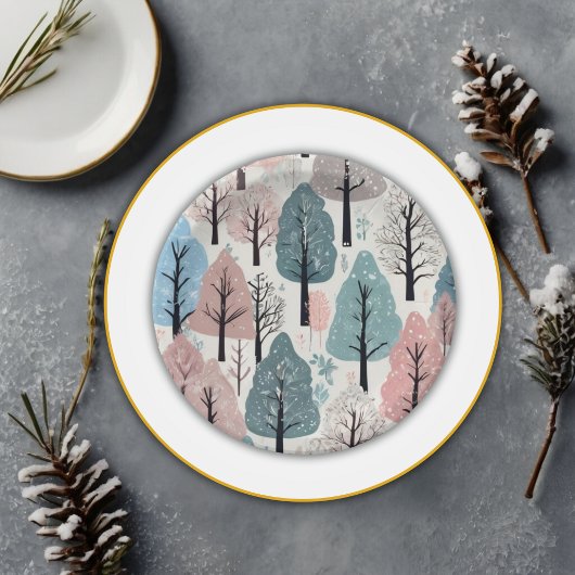 ホワイトリボン冬の森の雪の結晶ベビーシャワー ペーパープレート