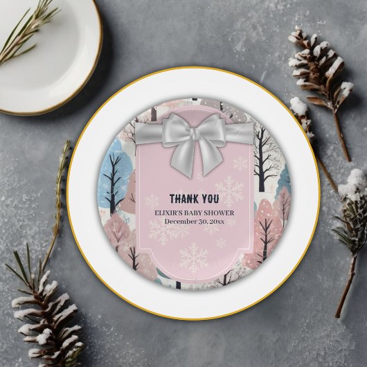ホワイトリボン冬の森の雪の結晶ベビーシャワー ペーパープレート
