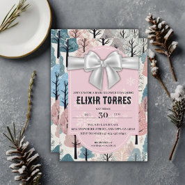 ホワイトリボン冬の森の雪の結晶ベビーシャワー 招待状