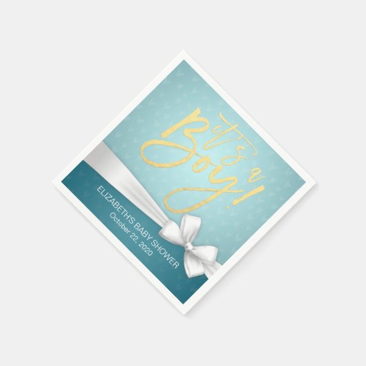 ホワイトリボン ゴールドスクリプトターコイズベイビーシャワー スタンダードカクテルナプキン (角)