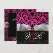 ホワイトリボン ピンクフクシア ブラック ダマスク モノグラム 招待状 (正面/裏面)
