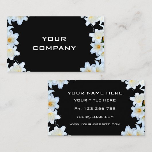 ホワイトリリーフラワーズリースフレームブラックプロフェッショナル 名刺 (正面/裏面)