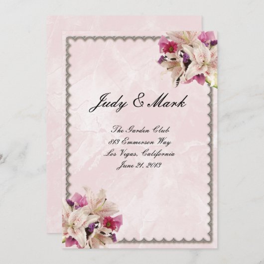 ホワイトリリーフローラピンクマーブル結婚のメニューカード 招待状 (正面/裏面)