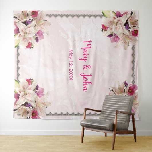 ホワイトリリーフローラピンクマーブル結婚の背景 タペストリー (インサイチュ(横))