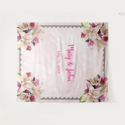 ホワイトリリーフローラピンクマーブル結婚の背景 タペストリー (正面(横))