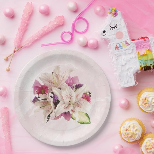 ホワイトリリーフローラピンクマーブル結婚ズ紙プレート ペーパープレート (パーティー)