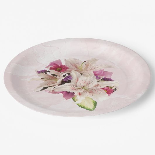 ホワイトリリーフローラピンクマーブル結婚ズ紙プレート ペーパープレート (アングル)