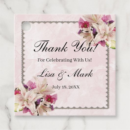 ホワイトリリーフローラピンクマーブル結婚式の引き出物ラベル フェイバータグ (正面)