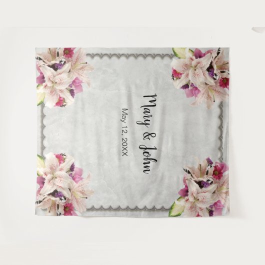 ホワイトリリーフローラ結婚大理石の背景 タペストリー (正面(横))