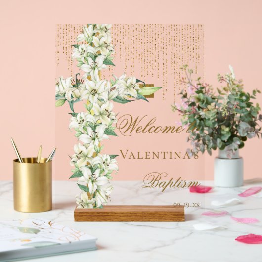 ホワイトリリーフローラ金ゴールドクロスバプテスムウェルカム アクリルサイン (ウェディング)