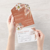 ホワイトリリー自然フローラパンパステラコッタ結婚ズ オールインワン招待状 (貼ってはがせる)