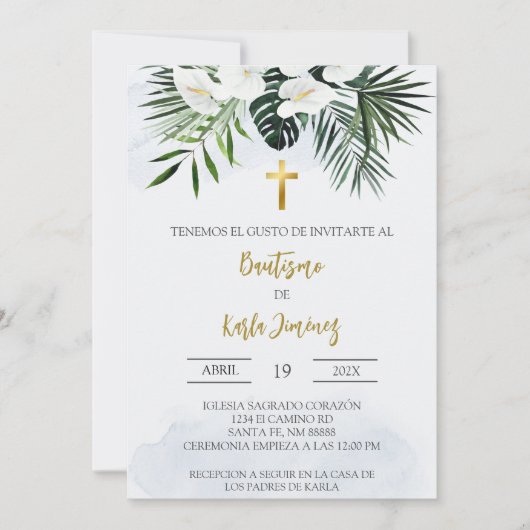 ホワイトリリー花スペインの洗礼招待状 招待状 (正面)