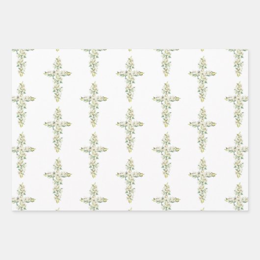 ホワイトリリー花フローラクロス宗教バプテスマ ラッピングペーパーシート (正面)