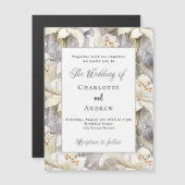 ホワイトリリー花模様シルバーレトロ結婚ラグジュアリー マグネット招待状 (正面/裏面)