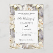 ホワイトリリー花模様シルバー結婚レトロ インビテーションポストカード (正面)