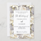 ホワイトリリー花模様シルバー結婚レトロ 招待状 (正面)