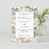 ホワイトリリー花模様シルバー結婚レトロ 招待状 (スタンド正面)