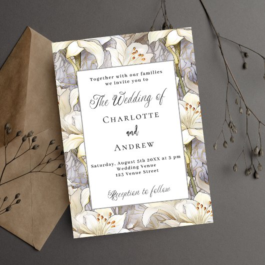 ホワイトリリー花模様シルバー結婚レトロ 招待状