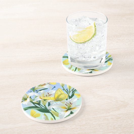 ホワイトリリー、イエローバタフライコースター – 鮮やかな コースター (側面)