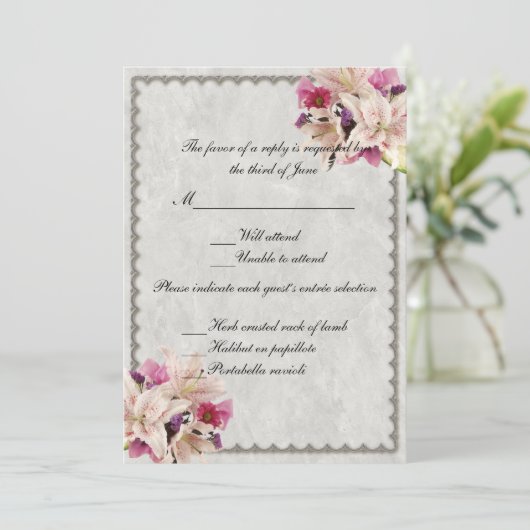 ホワイトリリー フローラル マーブル 結婚式 返信カード 招待状 (スタンド正面)