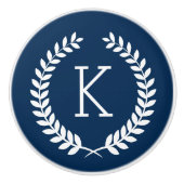 ホワイトリーフリースイラストレーションオンネイビーブルー セラミックノブ (正面)