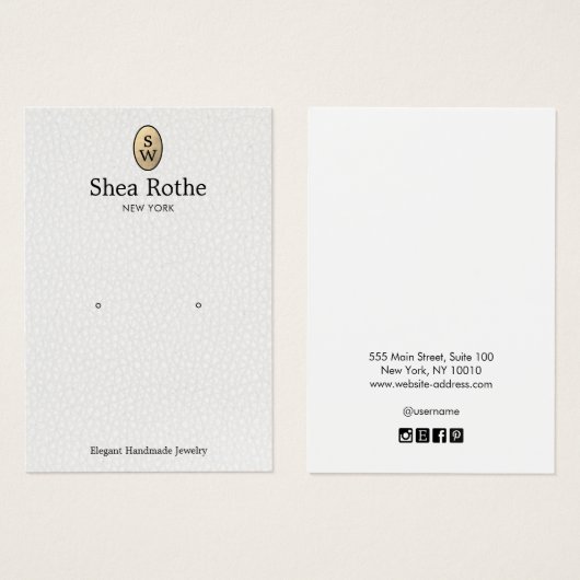 ホワイトレザー金ゴールドモノグラムイヤリングディスプレイカード (正面&裏面)