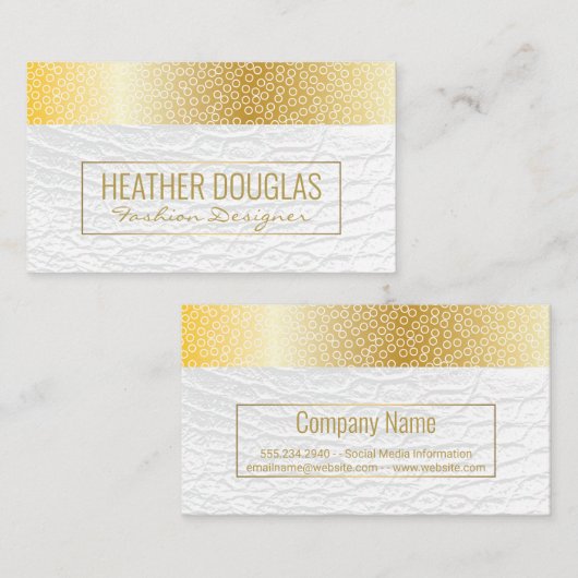 ホワイトレザー |金属金ゴールド |幾何学模様 名刺 (正面/裏面)