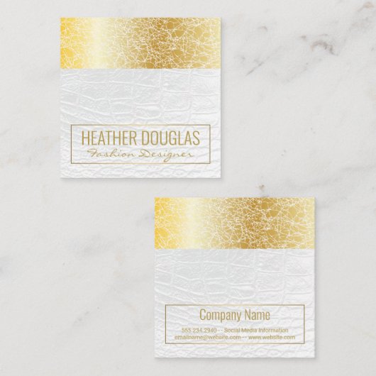 ホワイトレザー | 高級金ゴールドテクスチャ スクエア名刺 (正面/裏面)