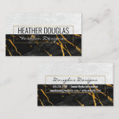 ホワイトレザー |黒い大理石の金ゴールドテクスチャ 名刺 (正面/裏面)