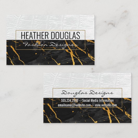 ホワイトレザー |黒い大理石の金ゴールドテクスチャ 名刺 (正面/裏面)