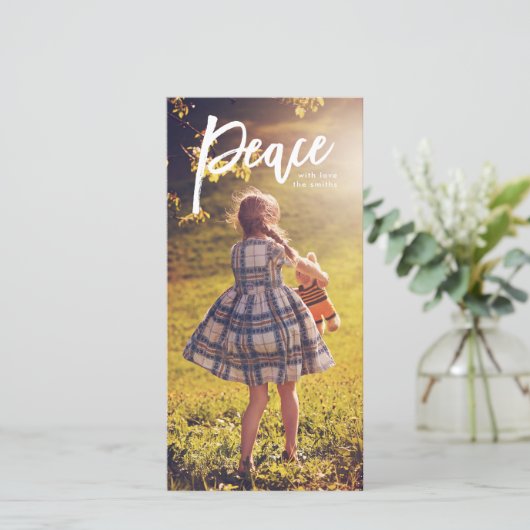 ホワイトレタリングピースクリスマスフォトカード シーズンカード (スタンド正面)