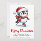ホワイトレッドかわいい氷のスケートで滑るペンギンメリークリスマス シーズンカード (正面)