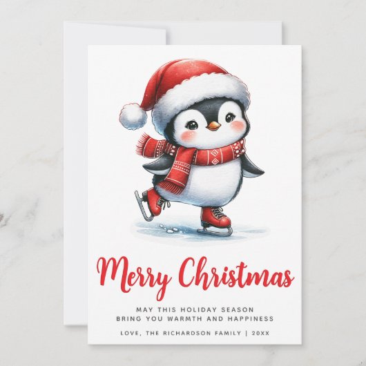 ホワイトレッドかわいい氷のスケートで滑るペンギンメリークリスマス シーズンカード (正面)