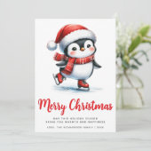 ホワイトレッドかわいい氷のスケートで滑るペンギンメリークリスマス シーズンカード (スタンド正面)