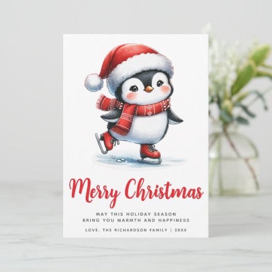 ホワイトレッドかわいい氷のスケートで滑るペンギンメリークリスマス シーズンカード (スタンド正面)