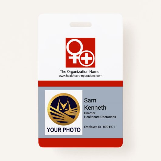 ホワイトレッドカラムブロック写真テンプレート医療 バッジ (正面)