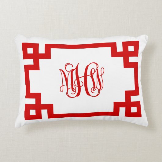 ホワイトレッドギリシャ鍵つる植物モノグラムDIY BG アクセントクッション (正面)