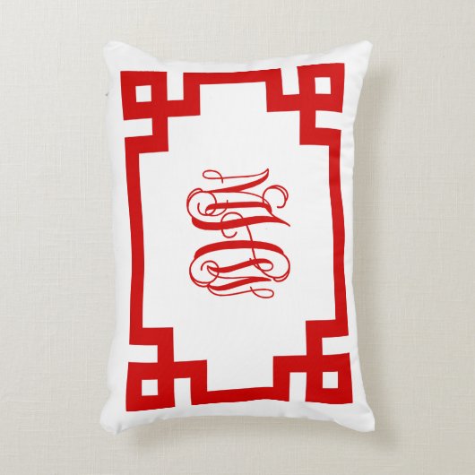 ホワイトレッドギリシャ鍵つる植物モノグラムDIY BG アクセントクッション (正面(垂直))
