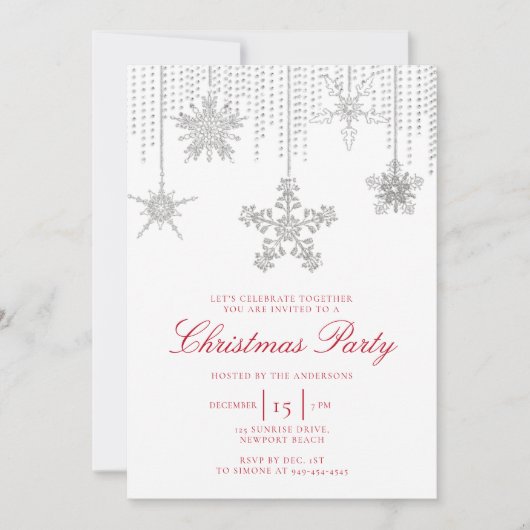 ホワイトレッドグリッタードリップスパークルスノーフレーククリスマス 招待状 (正面)