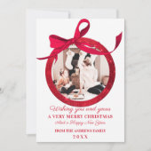 ホワイトレッドグリッターボウオーナメントフォトクリスマス シーズンカード (正面)