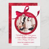 ホワイトレッドグリッターボウオーナメントフォトクリスマス シーズンカード (正面/裏面)