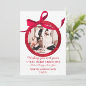 ホワイトレッドグリッターボウオーナメントフォトクリスマス シーズンカード (スタンド正面)