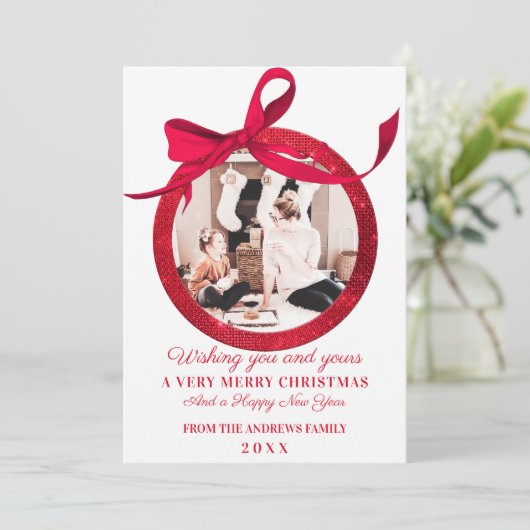 ホワイトレッドグリッターボウオーナメントフォトクリスマス シーズンカード (スタンド正面)