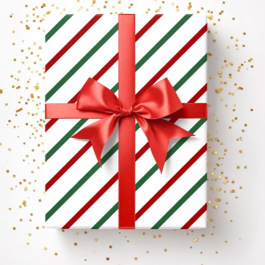 ホワイトレッドグリーンクリスマスストライプのパターン ラッピングペーパー