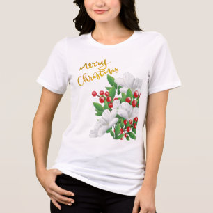 ホワイトレッドグリーンフローラ金ゴールドメリークリスマス トライブレンドTシャツ