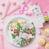 ホワイトレッドグリーンフローラ金ゴールドメリークリスマス ペーパープレート (パーティー)