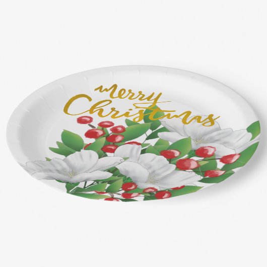 ホワイトレッドグリーンフローラ金ゴールドメリークリスマス ペーパープレート (アングル)